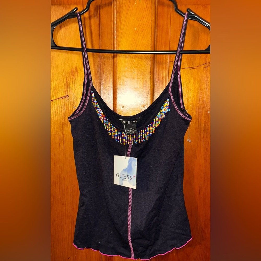 NWT Guess Tank Size Medium | Black with Beaded Fringe & Pink Stitching